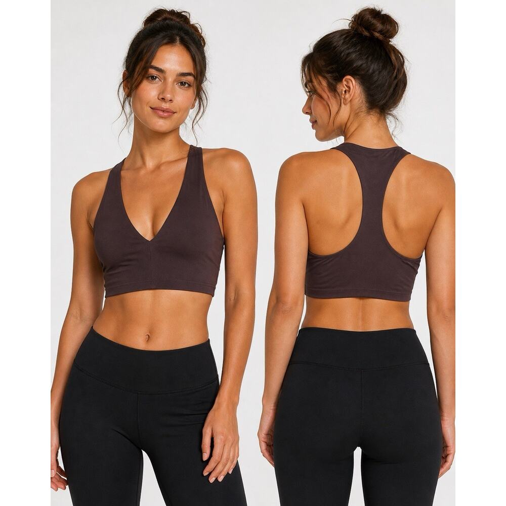 Alo Yoga Alosoft Base Sports Bra Raisin Brown Gym Athletic V-Neck Womens Medium?